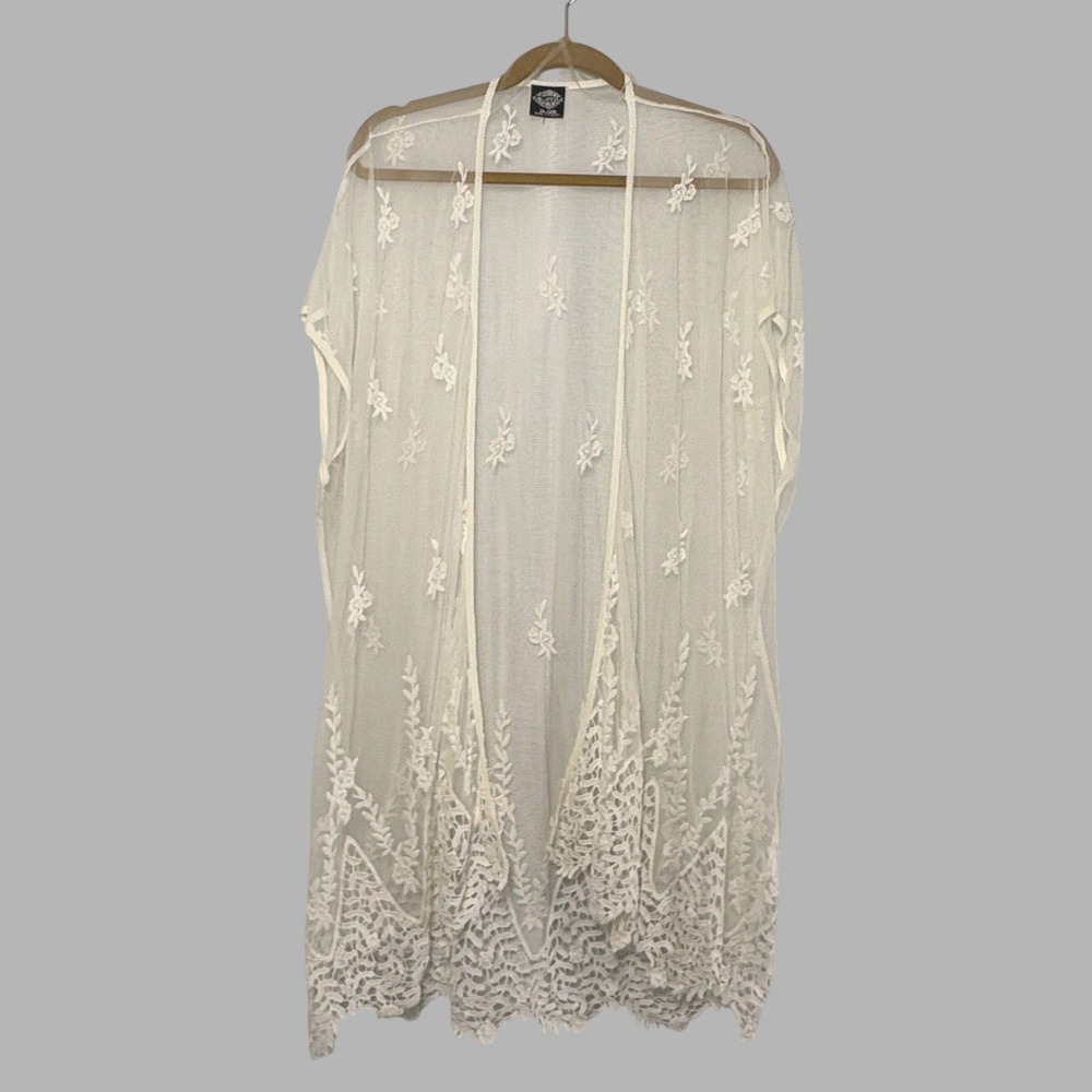 Cal Style White Embroidered Lace Mesh Kimono Cardigan XL 2XL Boho Duster